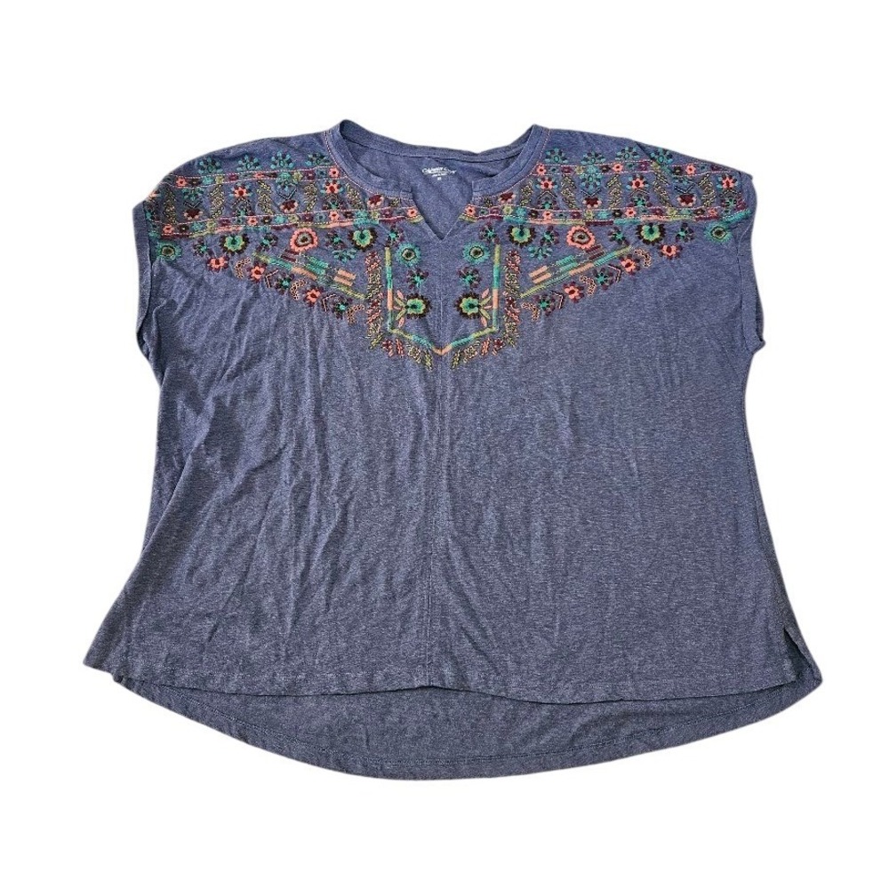 Coldwater Creek Blue Embroidered Floral V-Neck Top Plus 3X Boho Short Sleeve